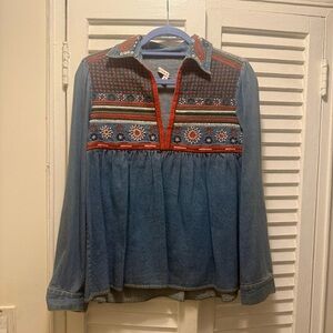 Alice + Olivia  Karly Denim Embroidered Blouse